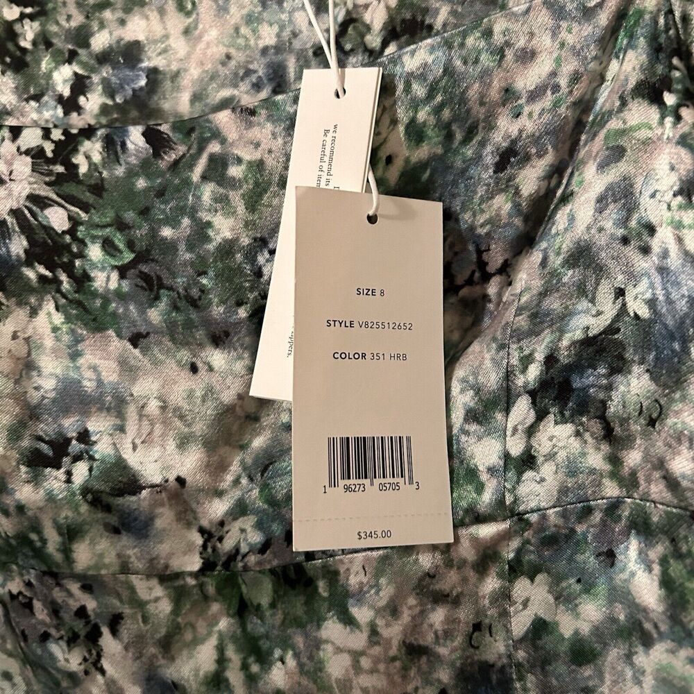 Vince Satin Blouse Green White Floral Square Neck Painted Cropped Women's 8 NWT - Picture 6 of 13